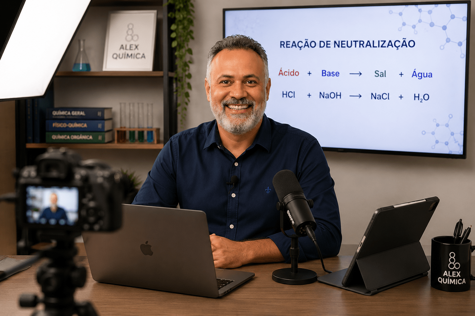 Professor Alex Diniz sorrindo em seu estúdio de gravação, com câmera, notebook, microfone e tablet, e ao fundo uma tela exibindo o slide de Reação de Neutralização.