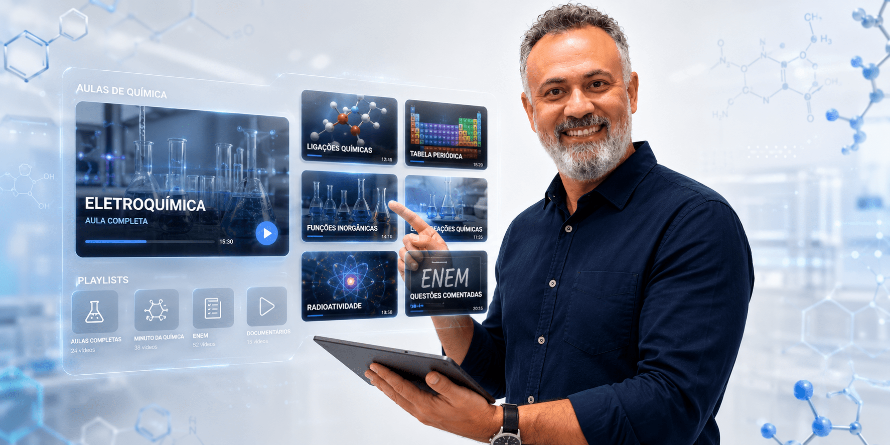 Professor Alex Diniz sorrindo, segurando um tablet, apontando para uma interface futurista com aulas de Química em vídeo — Eletroquímica, Ligações Químicas, Tabela Periódica, Funções Inorgânicas, Reações Químicas, Radioatividade e Questões Comentadas do ENEM.