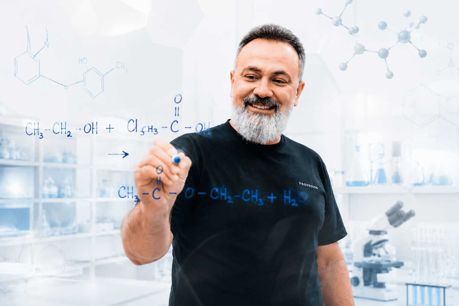 Professor Alex Diniz escrevendo fórmulas de química