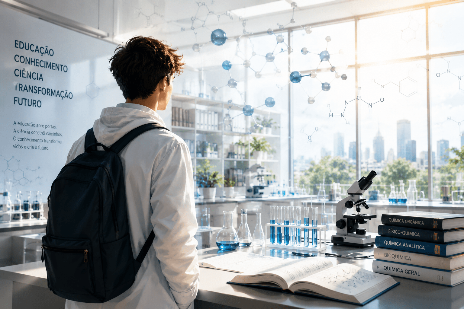 Estudante em laboratório de química - educação e futuro